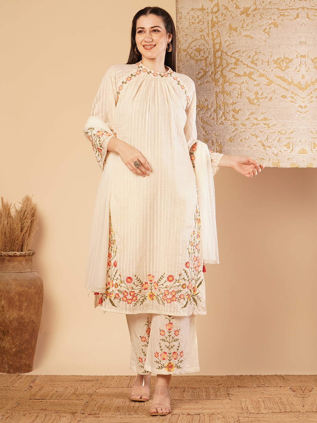 Solid Floral Embroidered Straight Fit Kurta with Palazzo & Dupatta - Off White