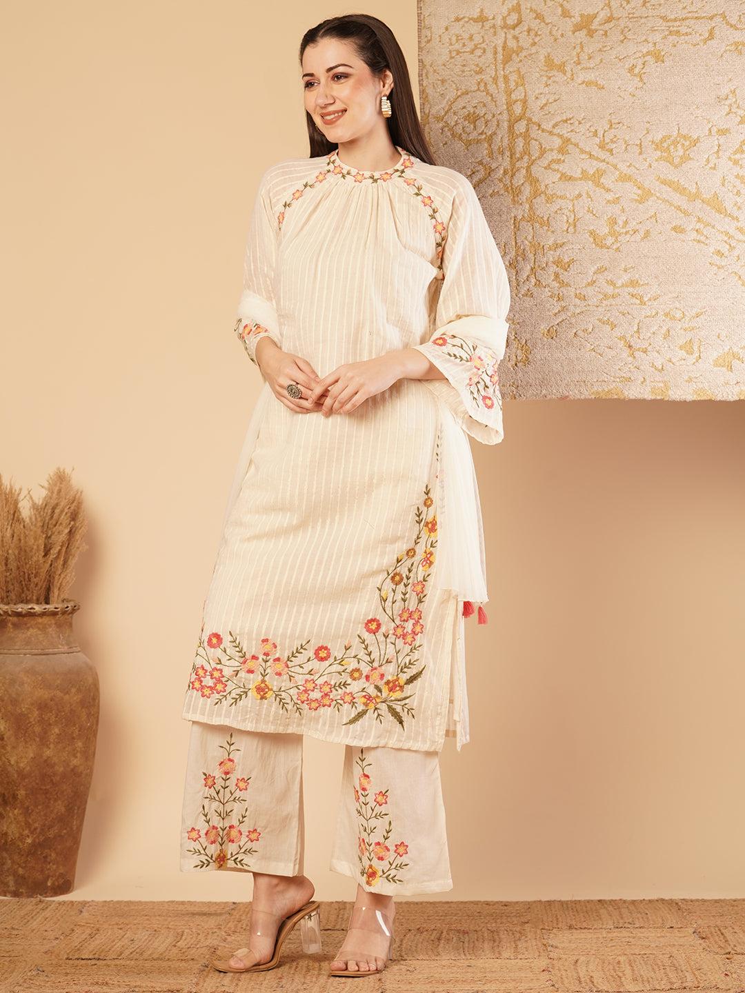 Solid Floral Embroidered Straight Fit Kurta with Palazzo & Dupatta - Off White