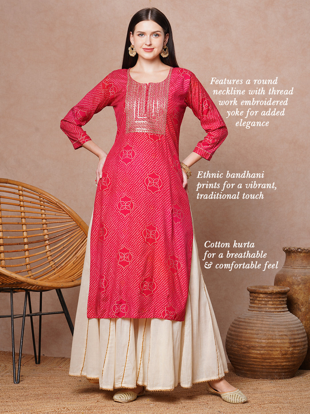 Ethnic Bandhani Printed & Embroidered Straight Fit Kurta - Red