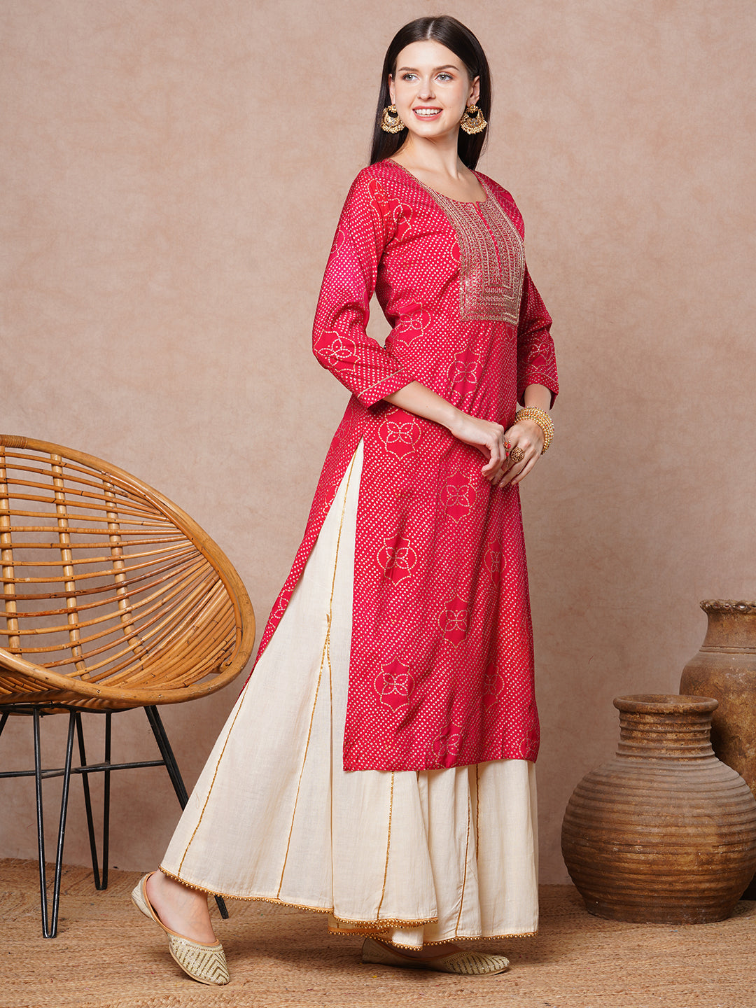 Ethnic Bandhani Printed & Embroidered Straight Fit Kurta - Red