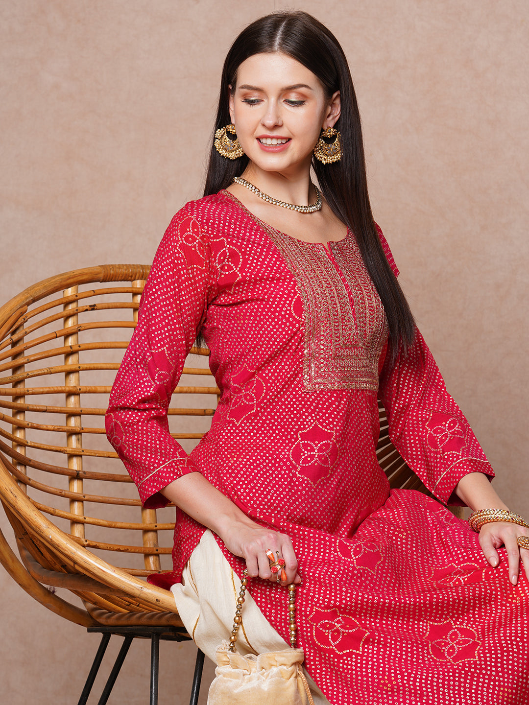 Ethnic Bandhani Printed & Embroidered Straight Fit Kurta - Red