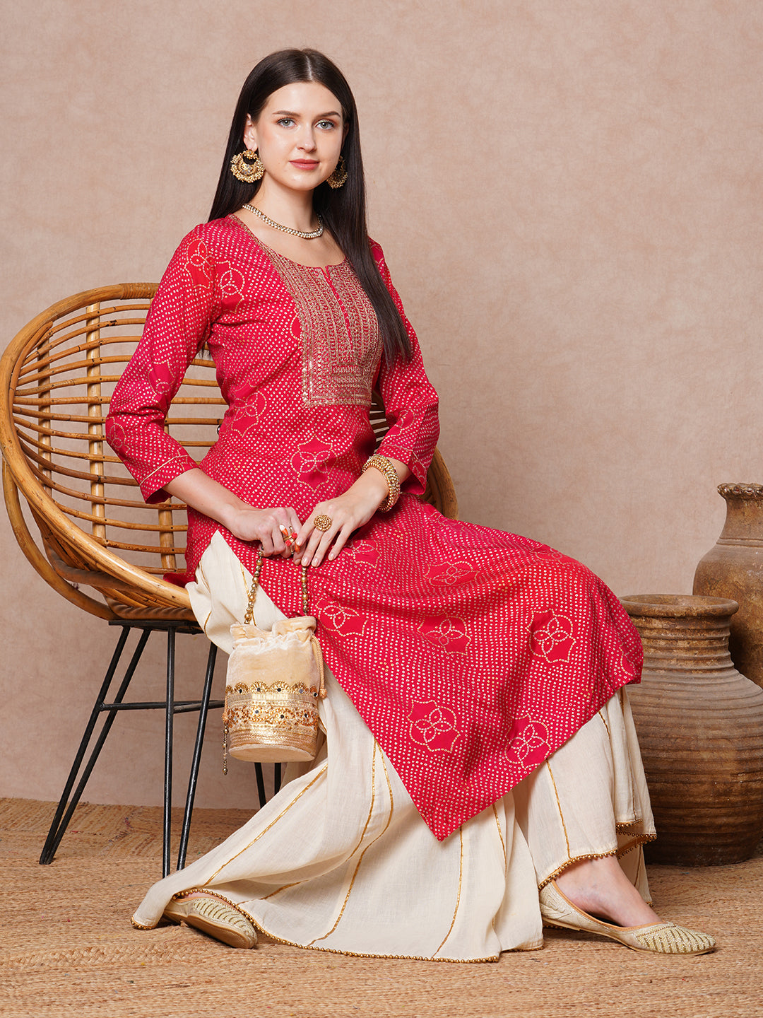 Ethnic Bandhani Printed & Embroidered Straight Fit Kurta - Red
