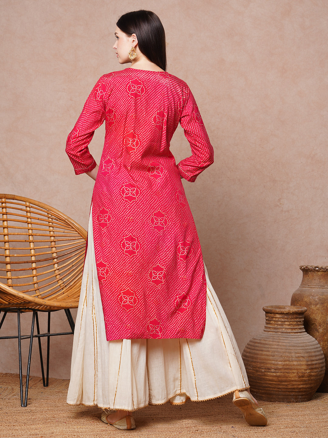 Ethnic Bandhani Printed & Embroidered Straight Fit Kurta - Red