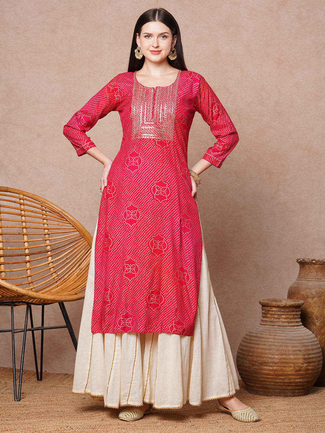 Ethnic Bandhani Printed & Embroidered Straight Fit Kurta - Red