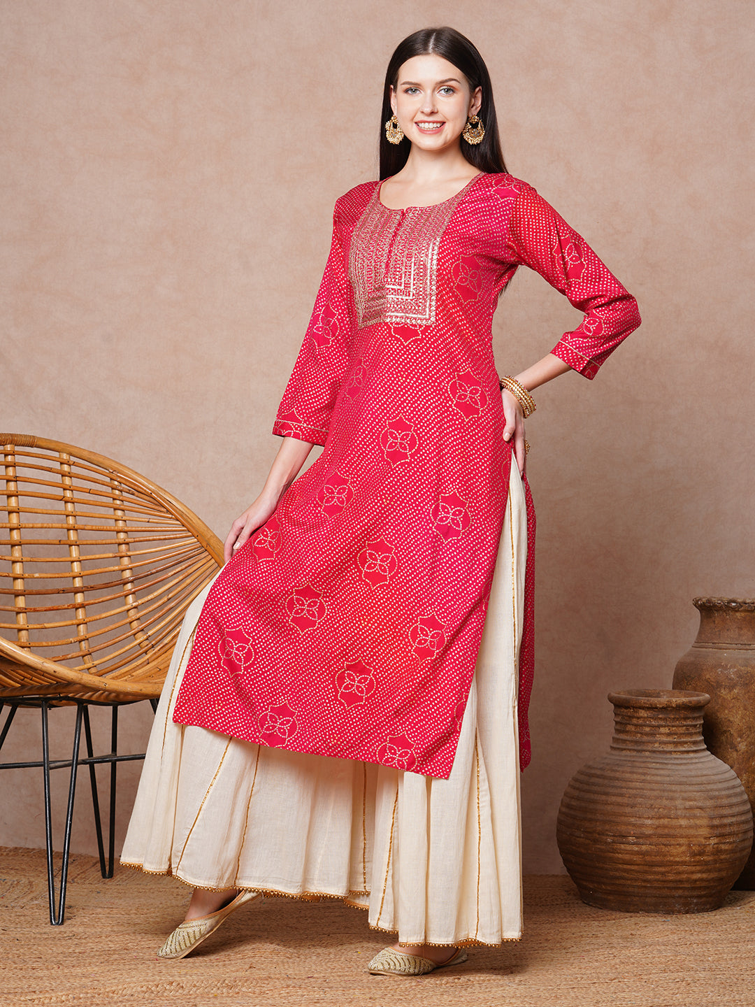 Ethnic Bandhani Printed & Embroidered Straight Fit Kurta - Red