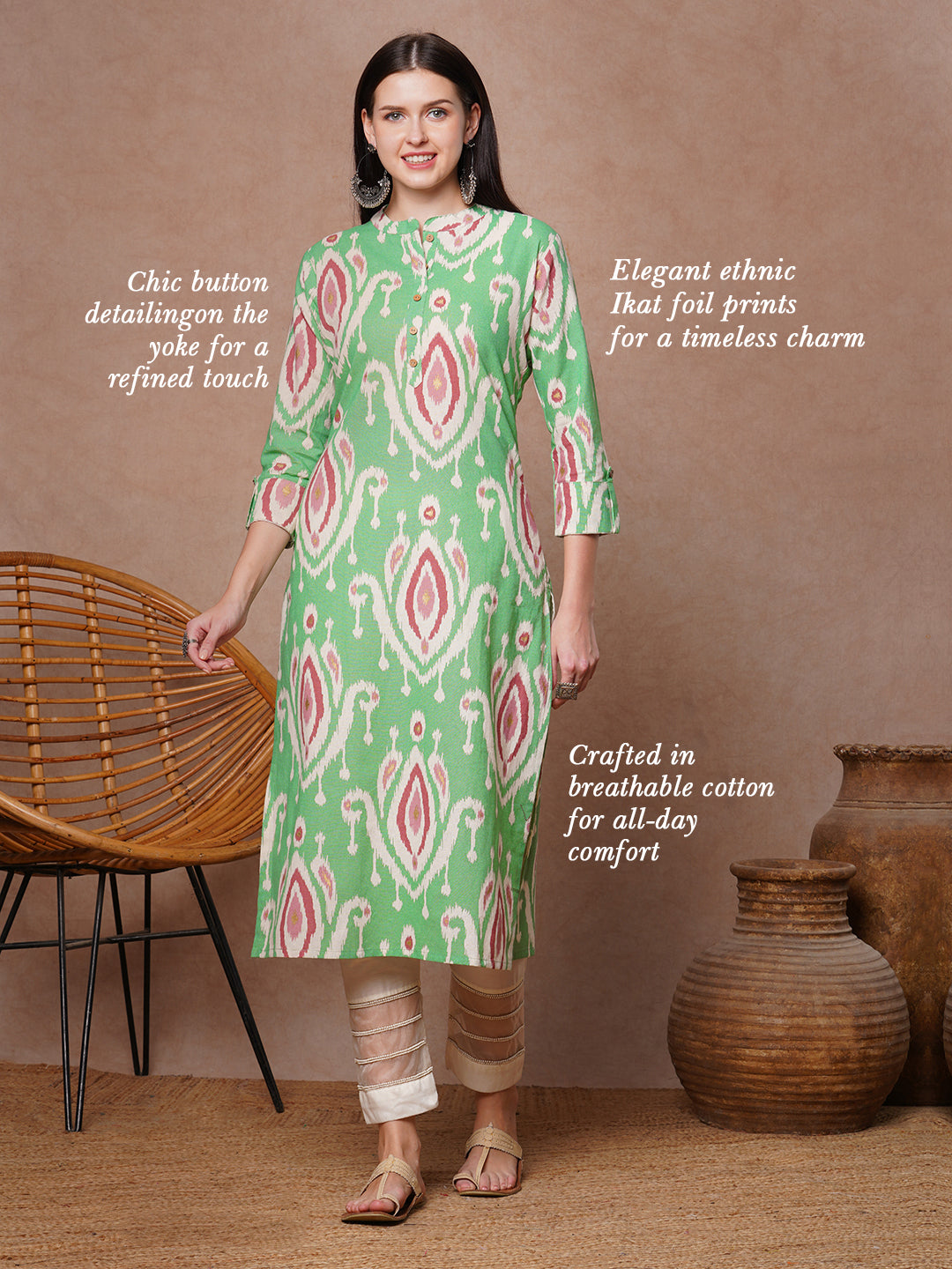Ethnic Ikat Foil Printed Straight Fit Kurta - Green