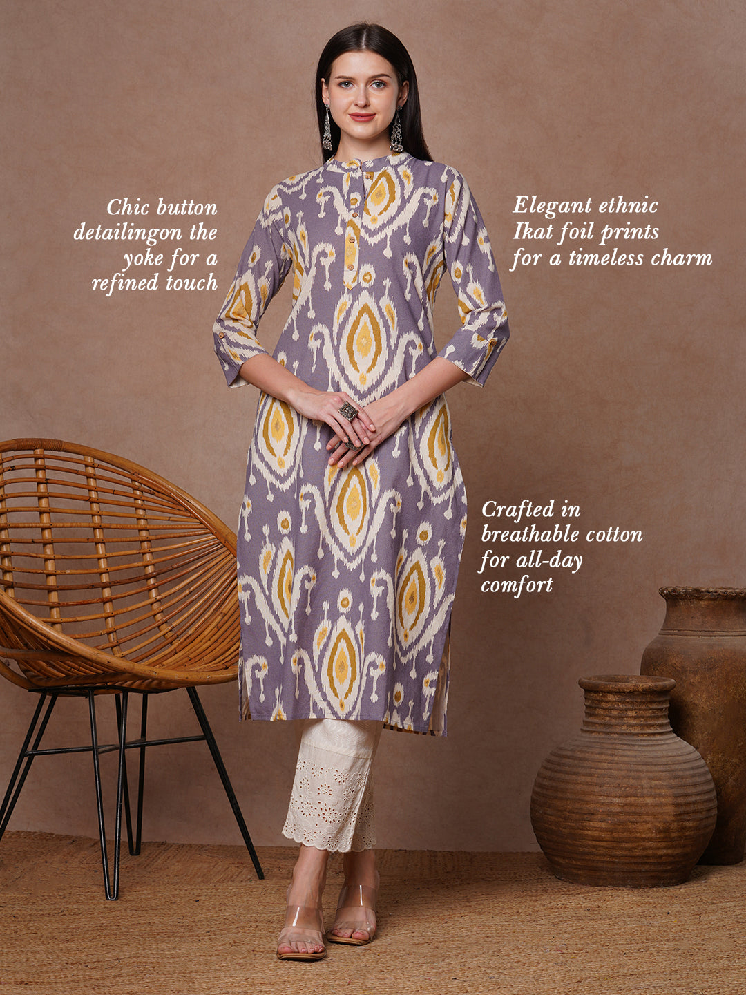 Ethnic Ikat Foil Printed Straight Fit Kurta - Purple