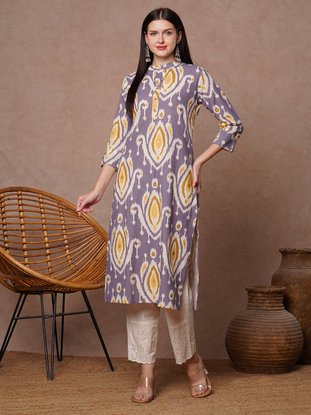 Ethnic Ikat Foil Printed Straight Fit Kurta - Purple