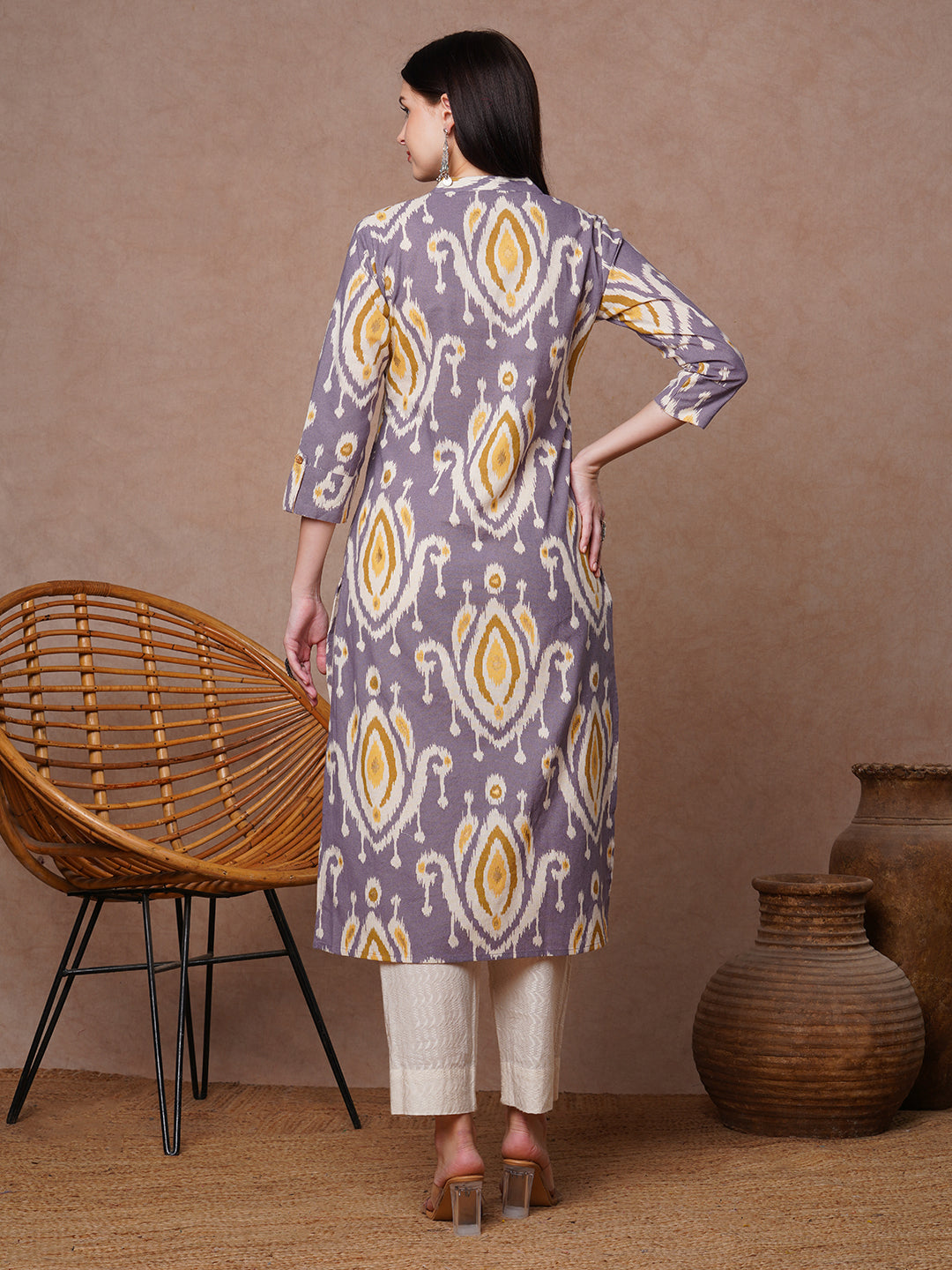 Ethnic Ikat Foil Printed Straight Fit Kurta - Purple