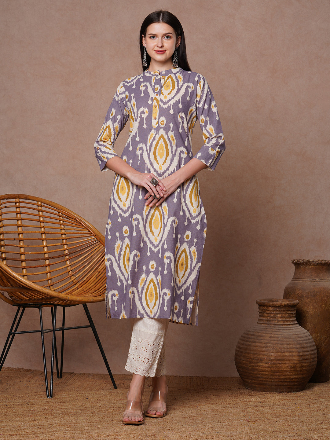 Ethnic Ikat Foil Printed Straight Fit Kurta - Purple