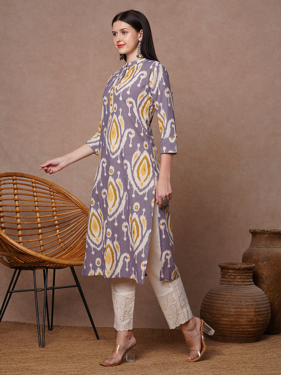 Ethnic Ikat Foil Printed Straight Fit Kurta - Purple