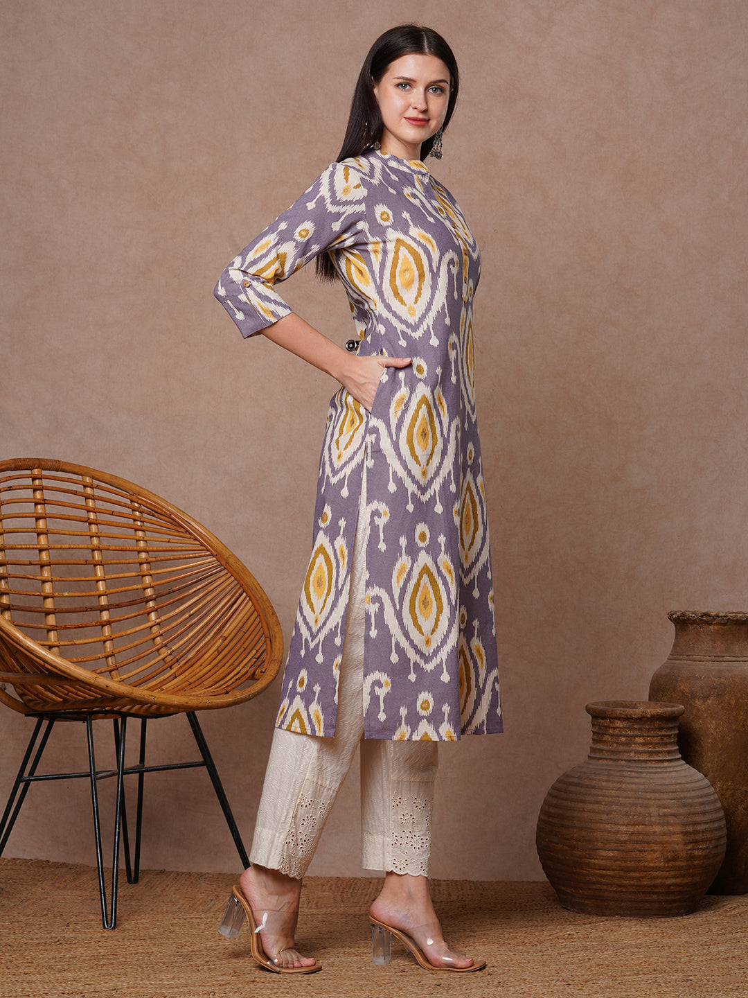 Ethnic Ikat Foil Printed Straight Fit Kurta - Purple