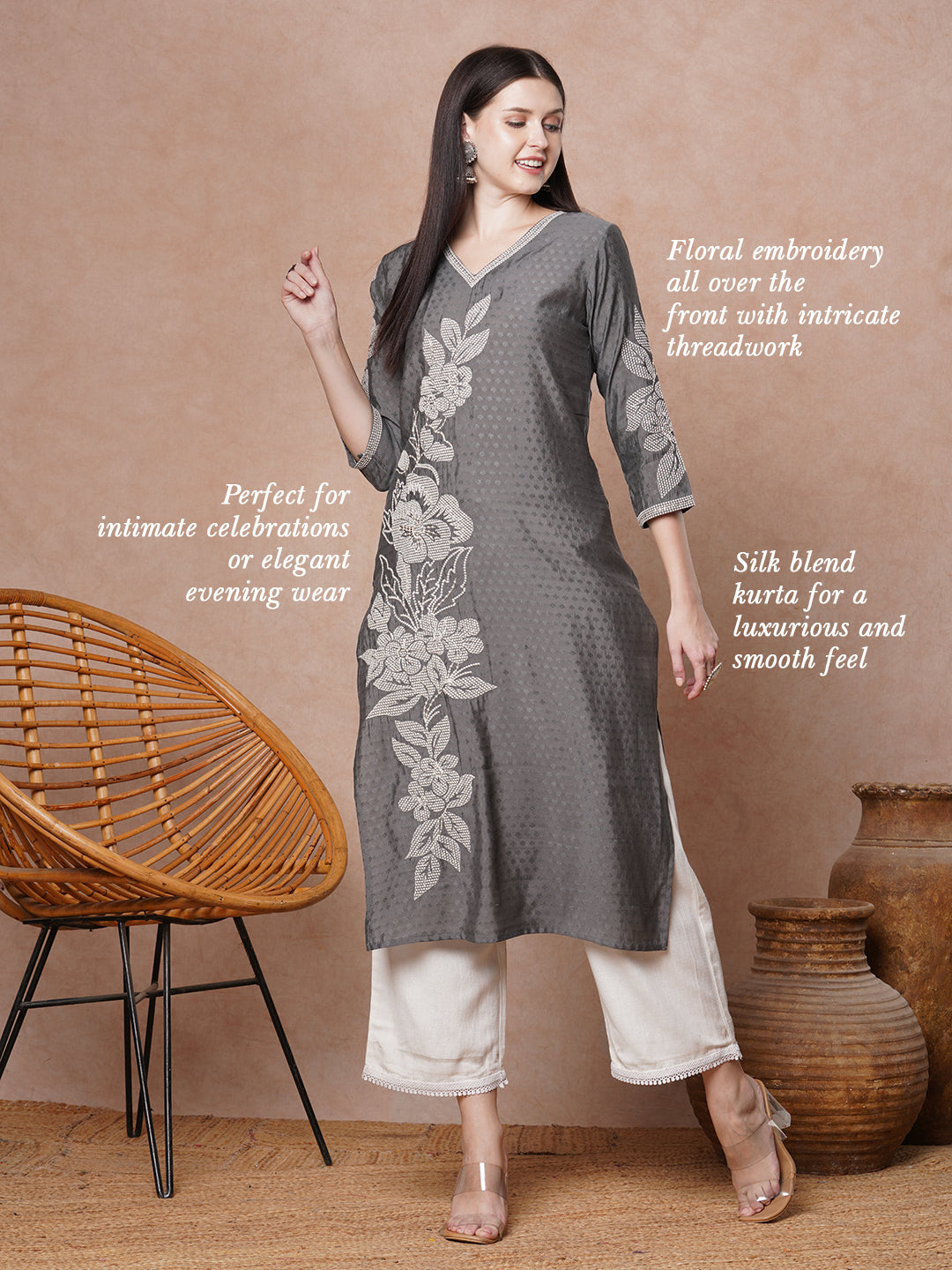 Solid Floral Embroidered Straight Fit Kurta - Grey
