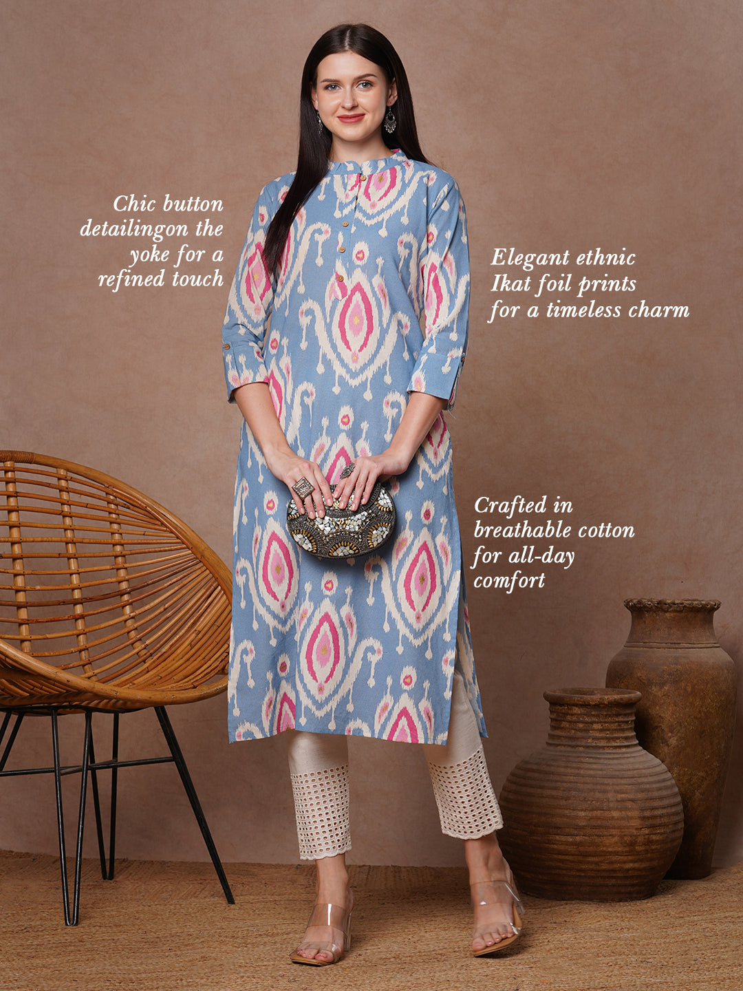 Ethnic Ikat Foil Printed Straight Fit Kurta - Blue