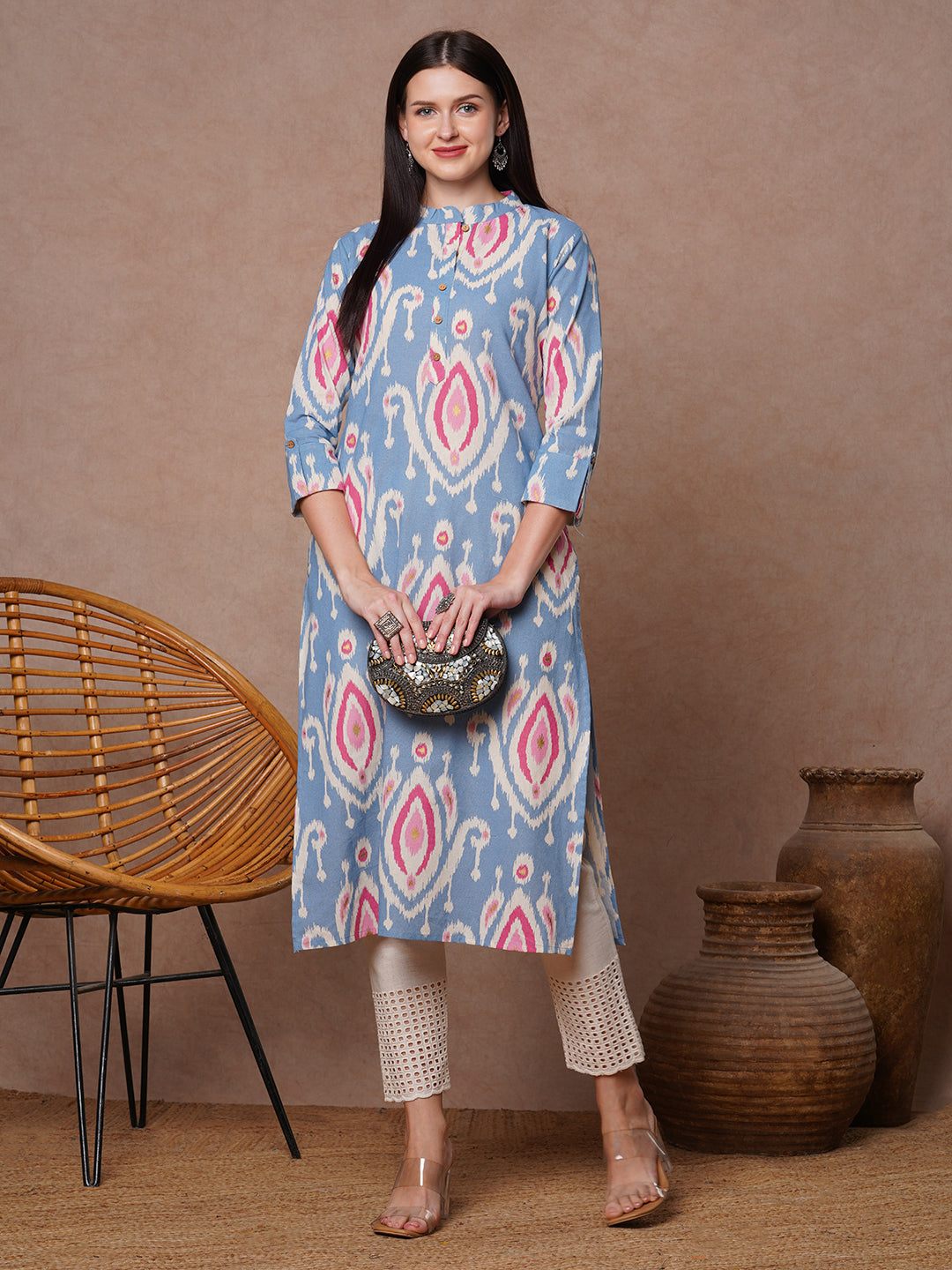 Ethnic Ikat Foil Printed Straight Fit Kurta - Blue