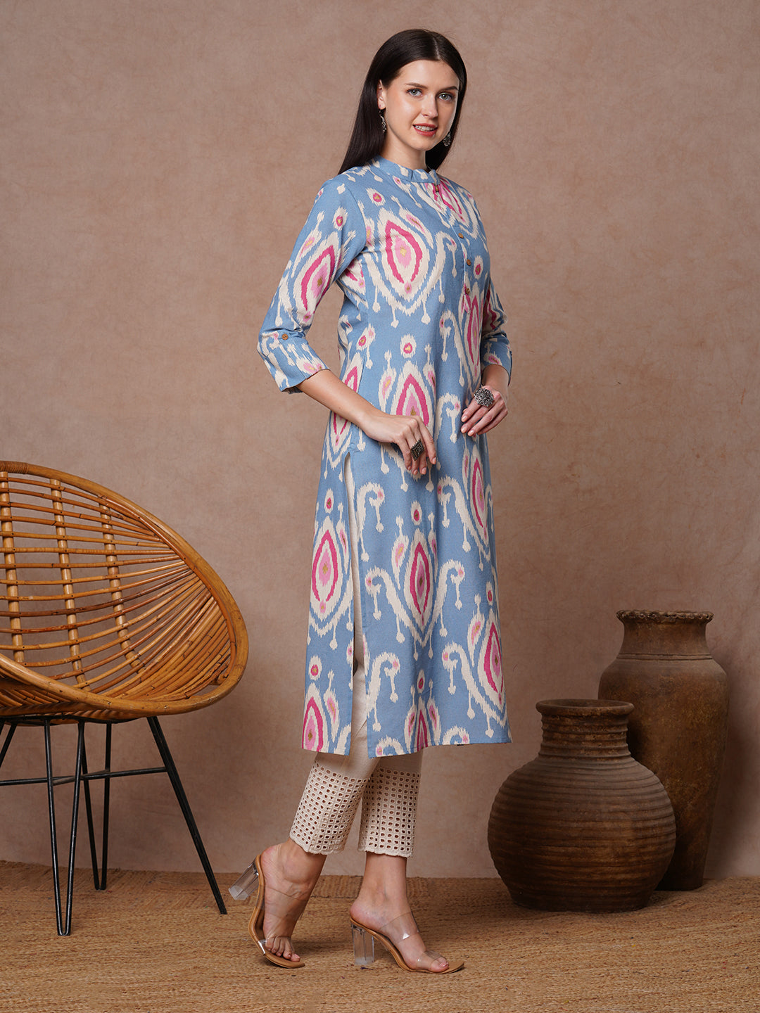 Ethnic Ikat Foil Printed Straight Fit Kurta - Blue