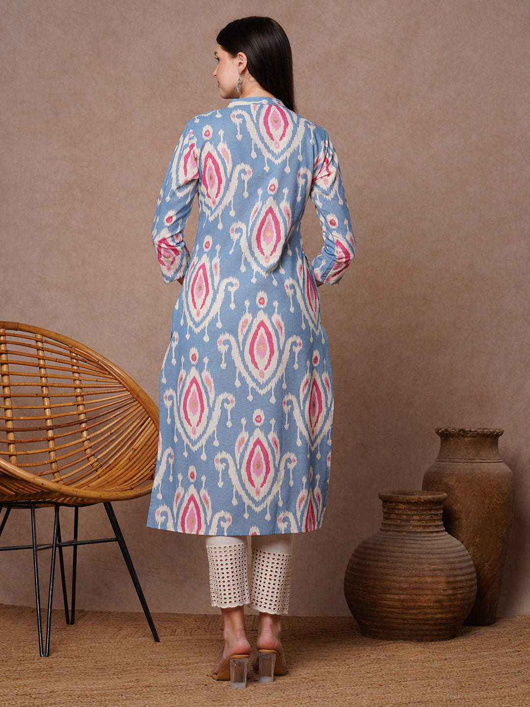 Ethnic Ikat Foil Printed Straight Fit Kurta - Blue