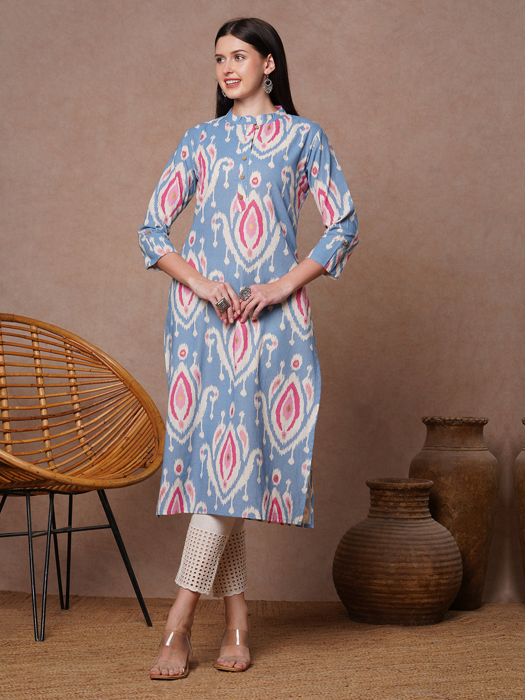 Ethnic Ikat Foil Printed Straight Fit Kurta - Blue