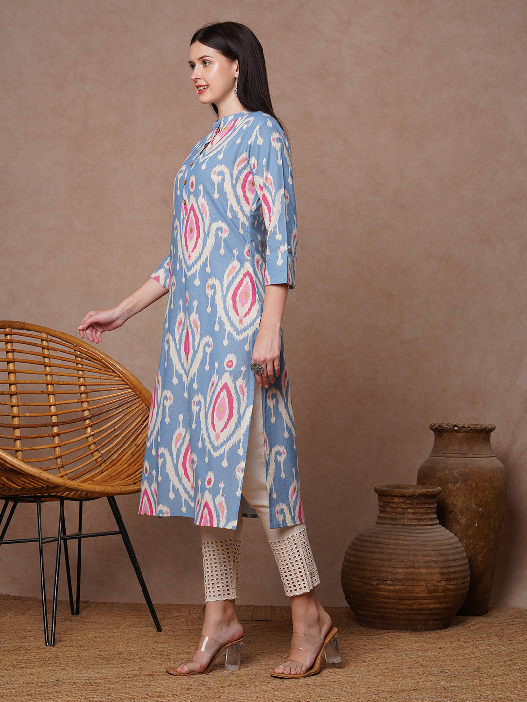 Ethnic Ikat Foil Printed Straight Fit Kurta - Blue