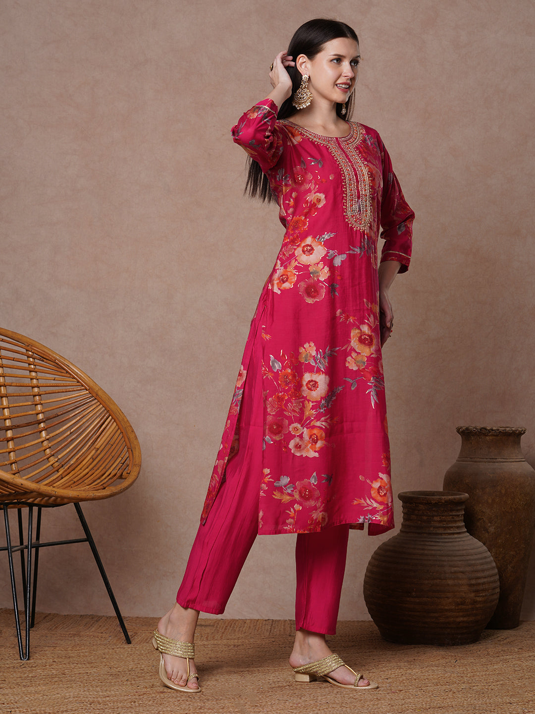 Floral Printed Embroidered Straight Fit Kurta with Pant - Rani
