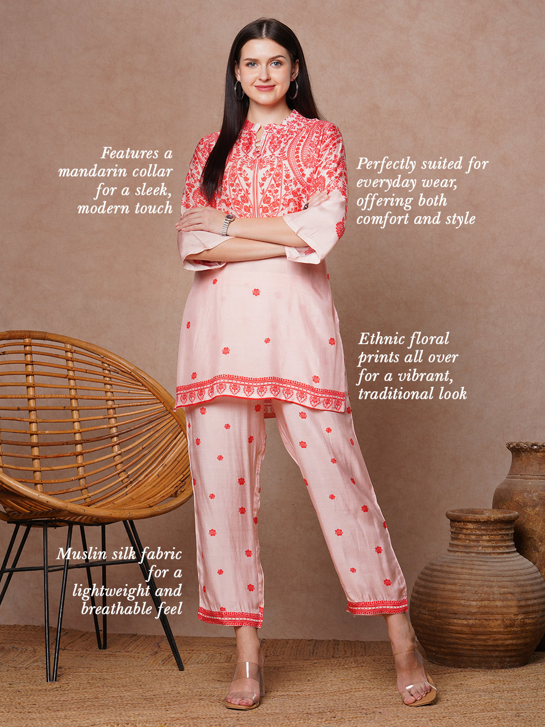 Ethnic Floral Printed Straight Fit Co-ord Set - Pink