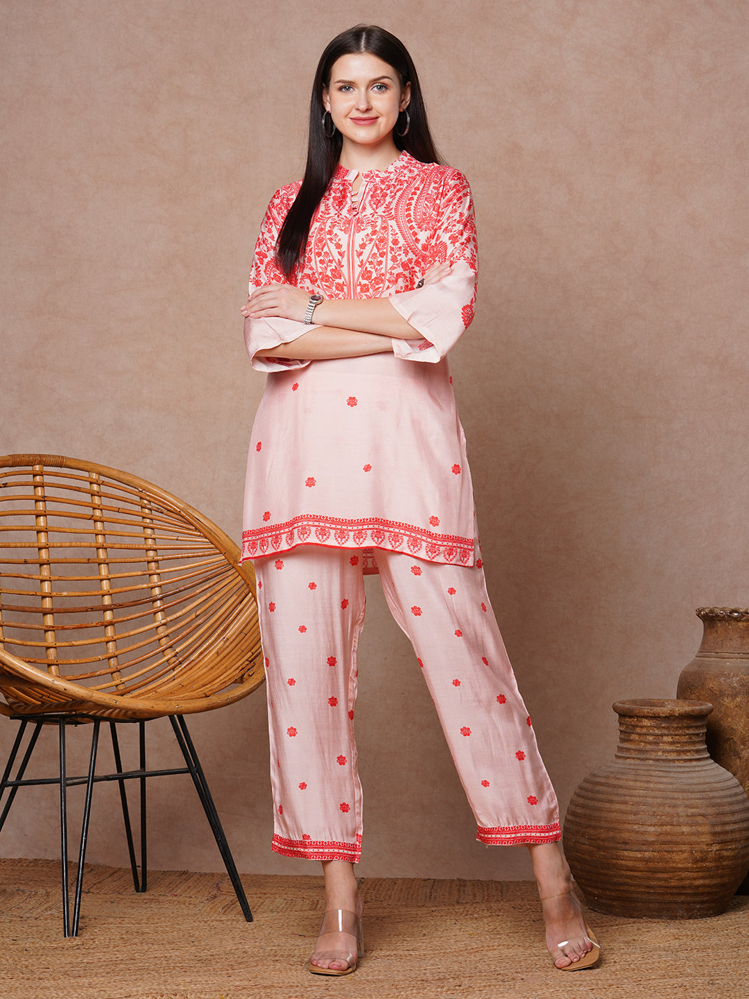 Ethnic Floral Printed Straight Fit Co-ord Set - Pink