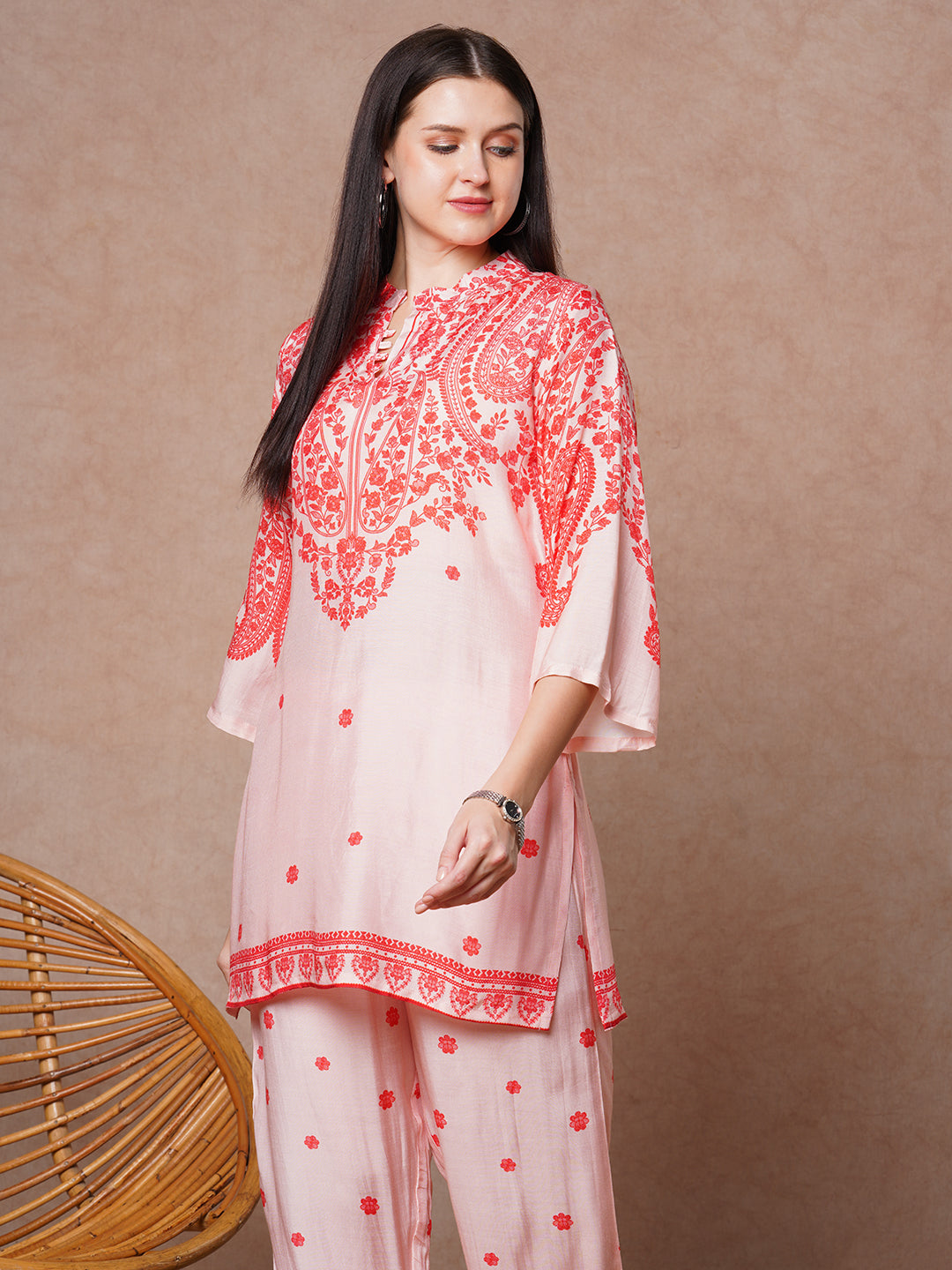 Ethnic Floral Printed Straight Fit Co-ord Set - Pink