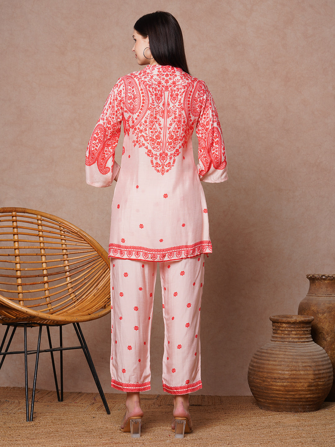Ethnic Floral Printed Straight Fit Co-ord Set - Pink
