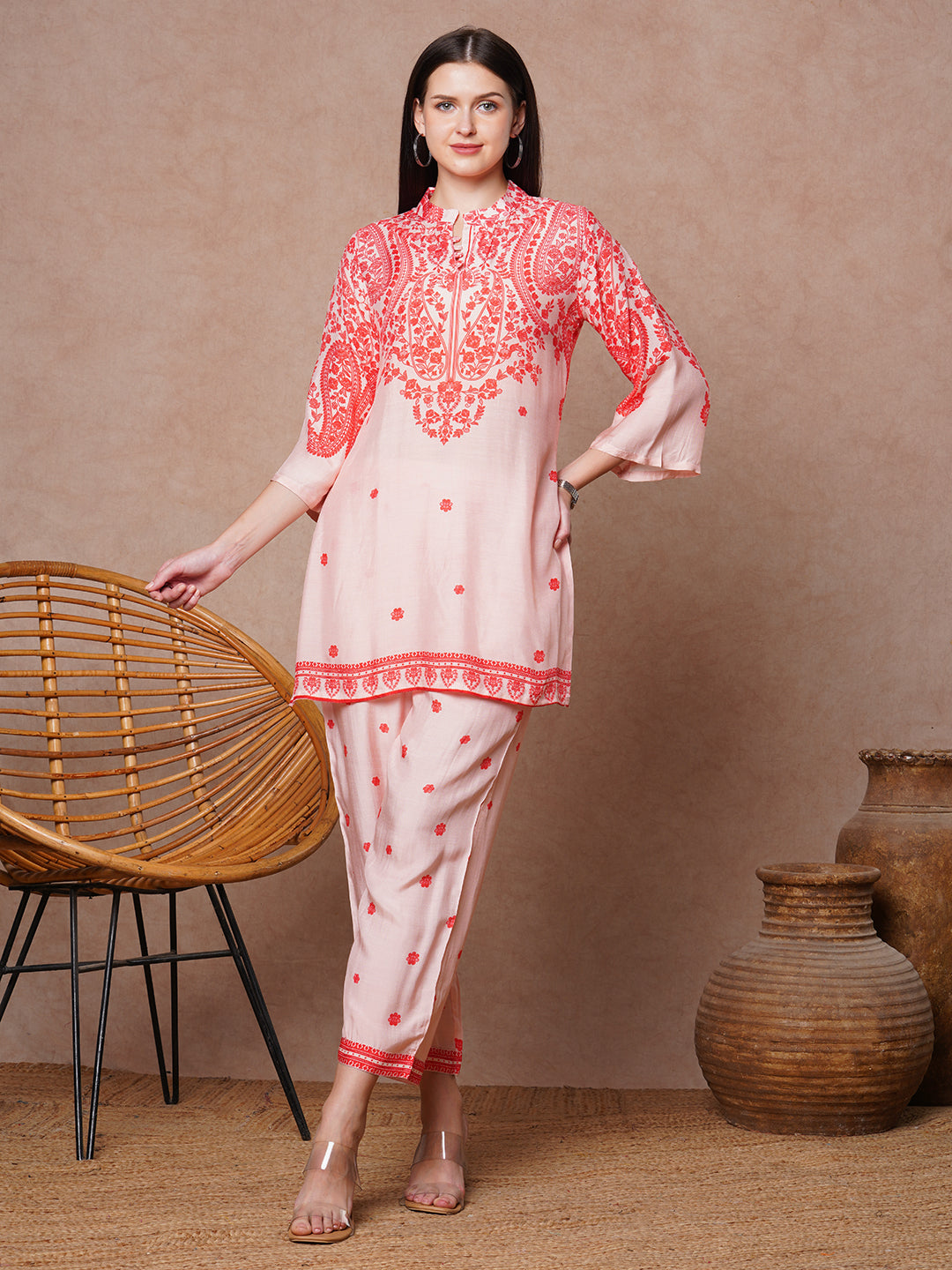Ethnic Floral Printed Straight Fit Co-ord Set - Pink
