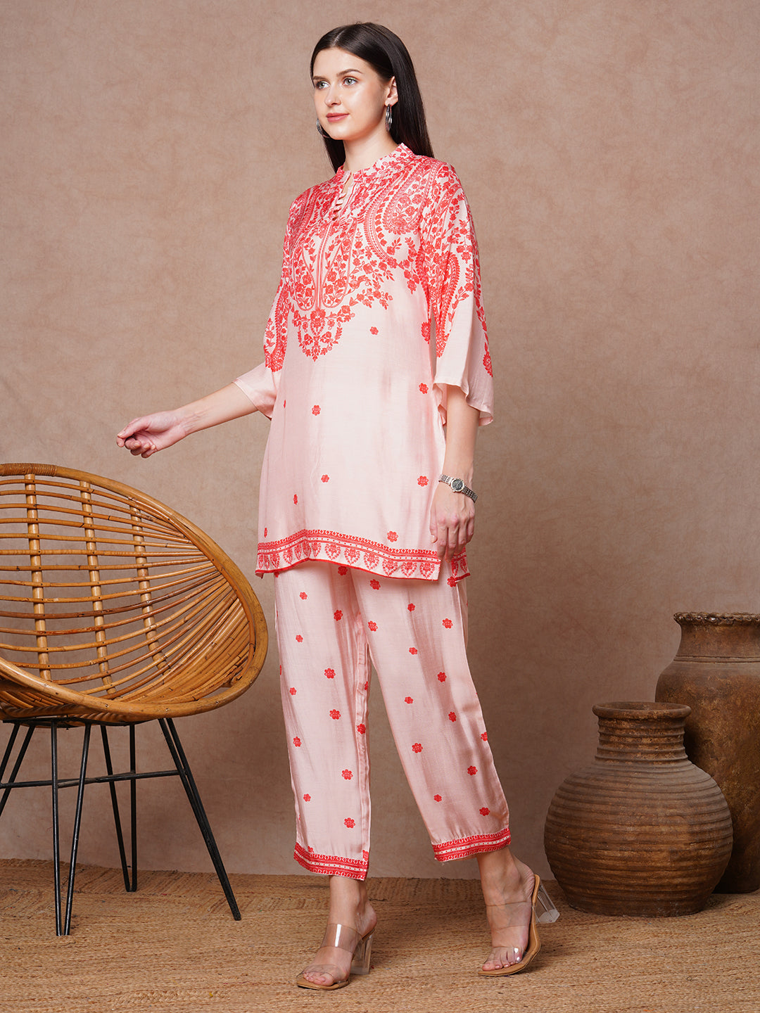Ethnic Floral Printed Straight Fit Co-ord Set - Pink