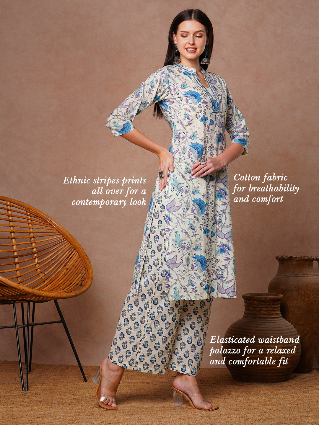 Ethnic Stripes Printed Straight Fit Co-ord Set - Off White