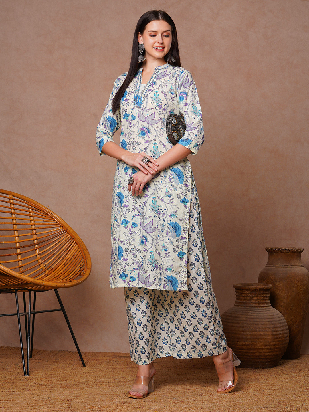 Ethnic Stripes Printed Straight Fit Co-ord Set - Off White