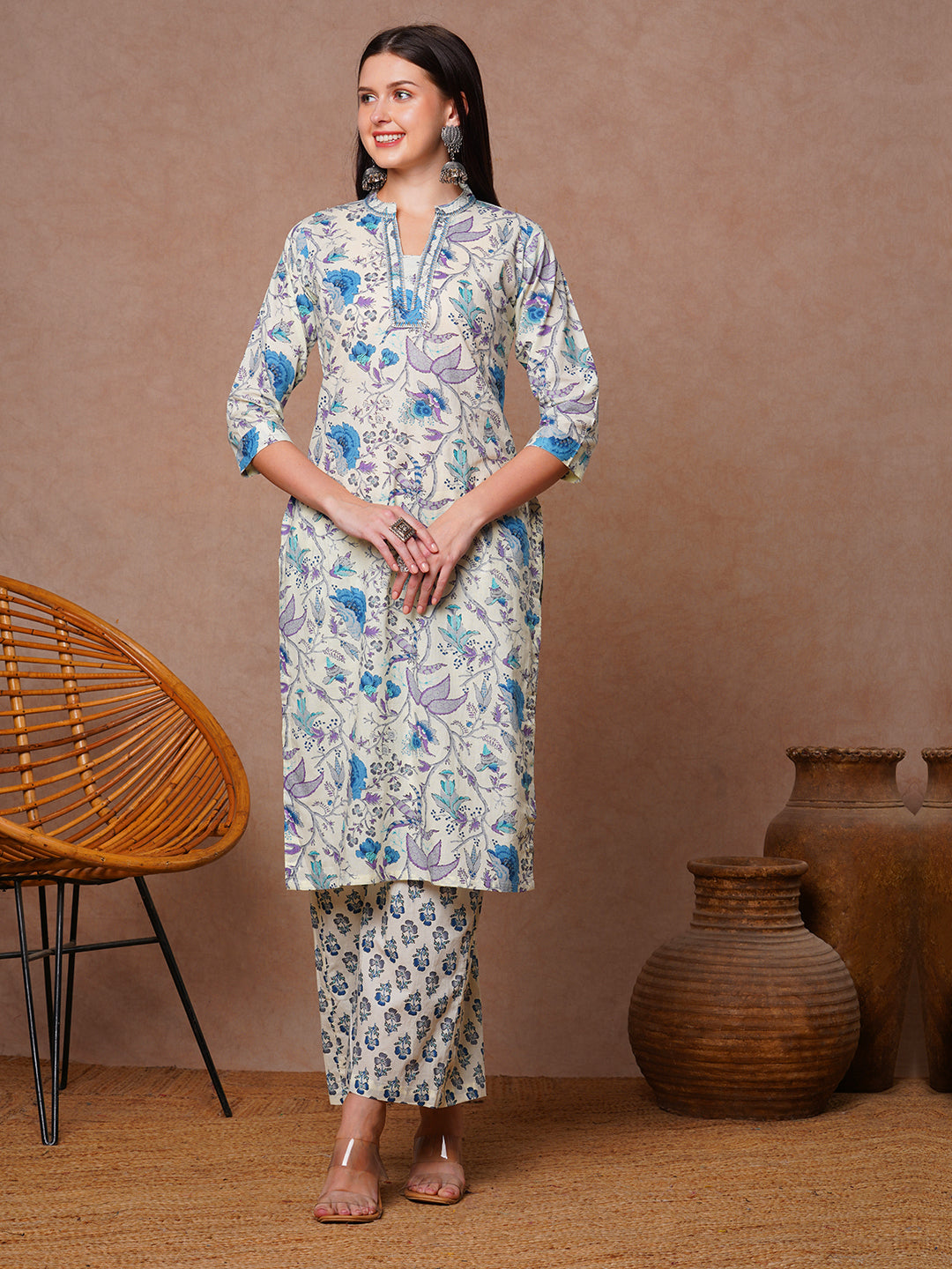 Ethnic Stripes Printed Straight Fit Co-ord Set - Off White