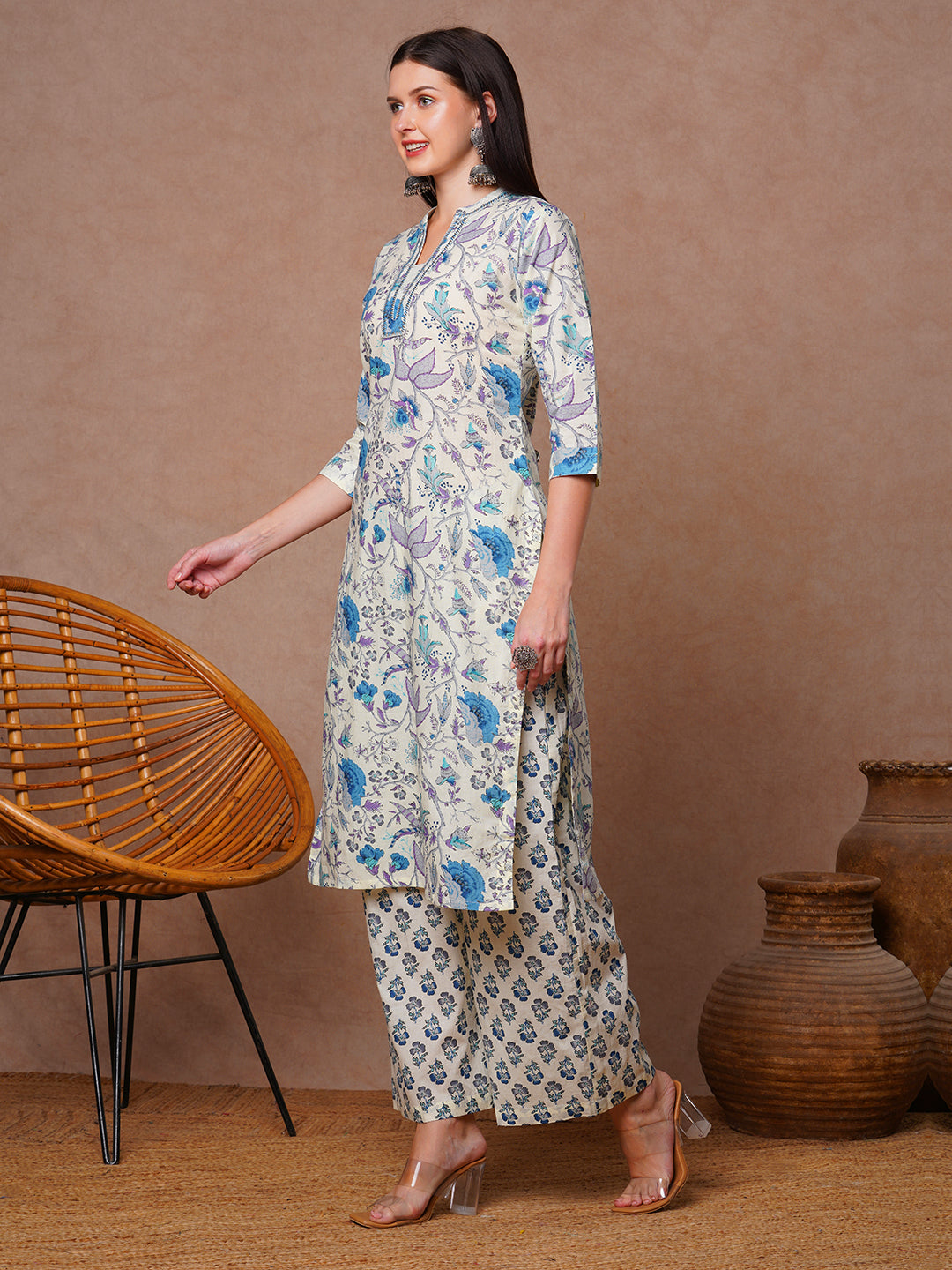 Ethnic Stripes Printed Straight Fit Co-ord Set - Off White