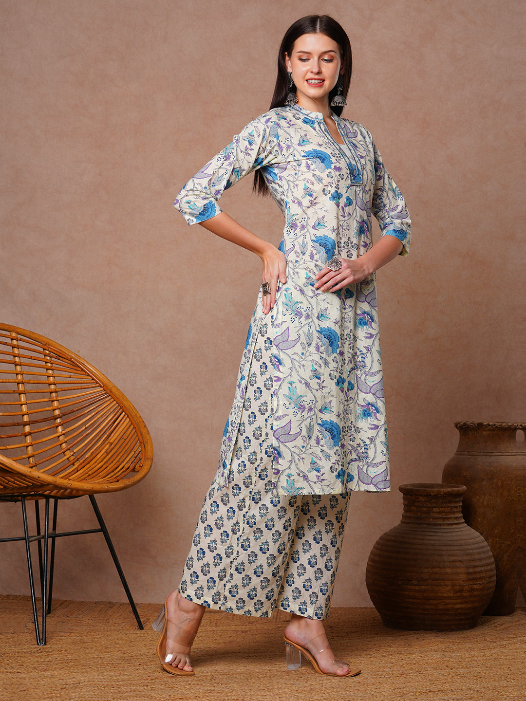 Ethnic Stripes Printed Straight Fit Co-ord Set - Off White