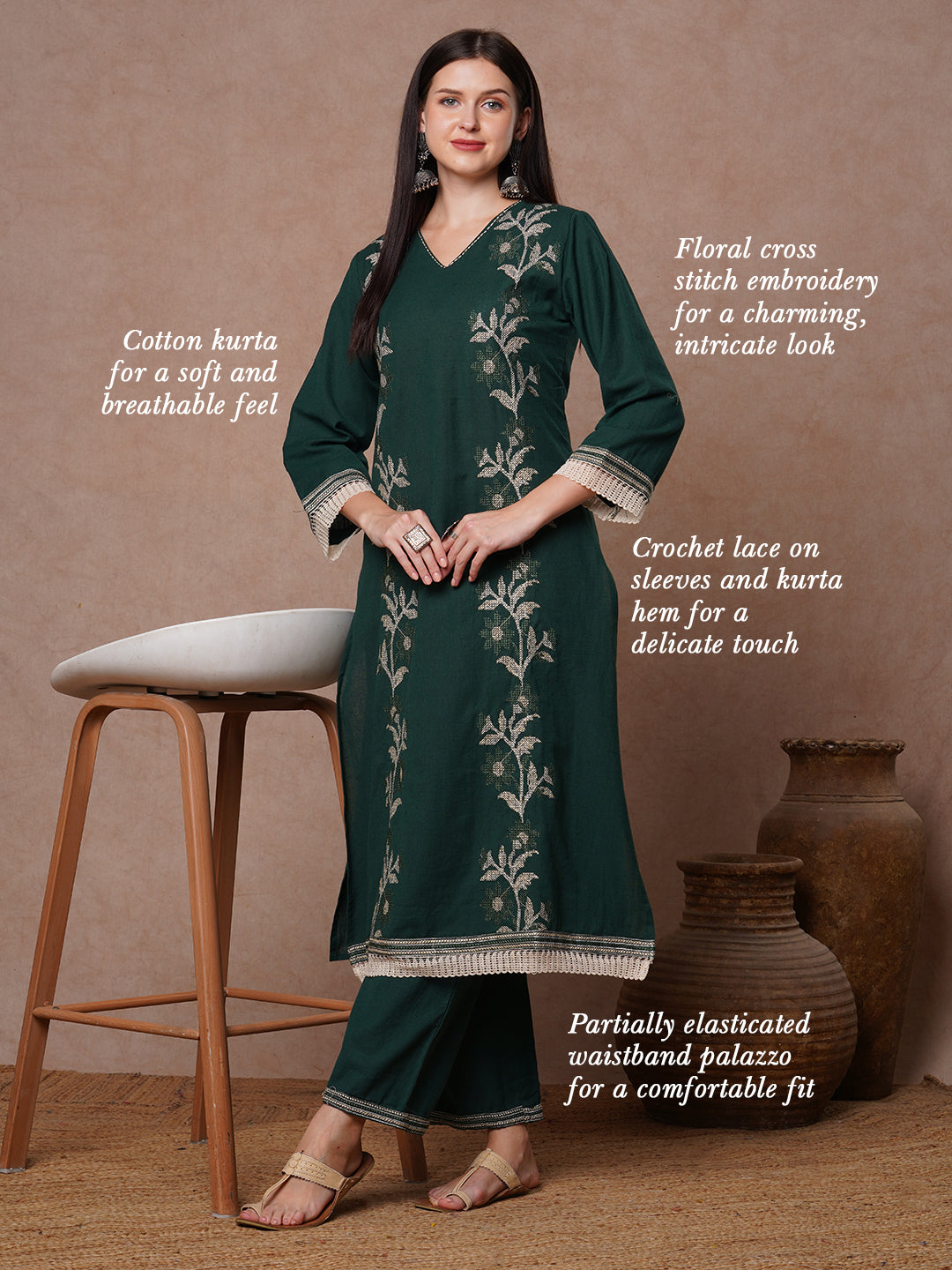 Solid Cross Stitch Embroidered A-Line Kurta with Palazzo - Green