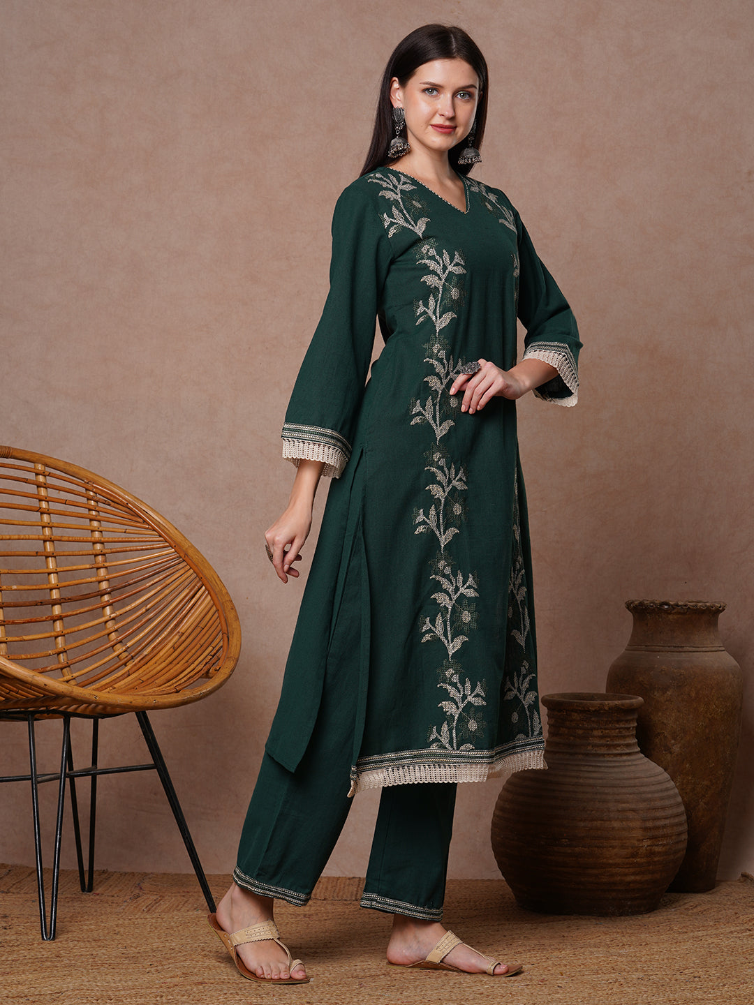 Solid Cross Stitch Embroidered A-Line Kurta with Palazzo - Green