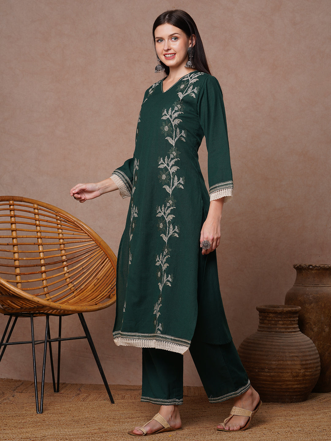 Solid Cross Stitch Embroidered A-Line Kurta with Palazzo - Green