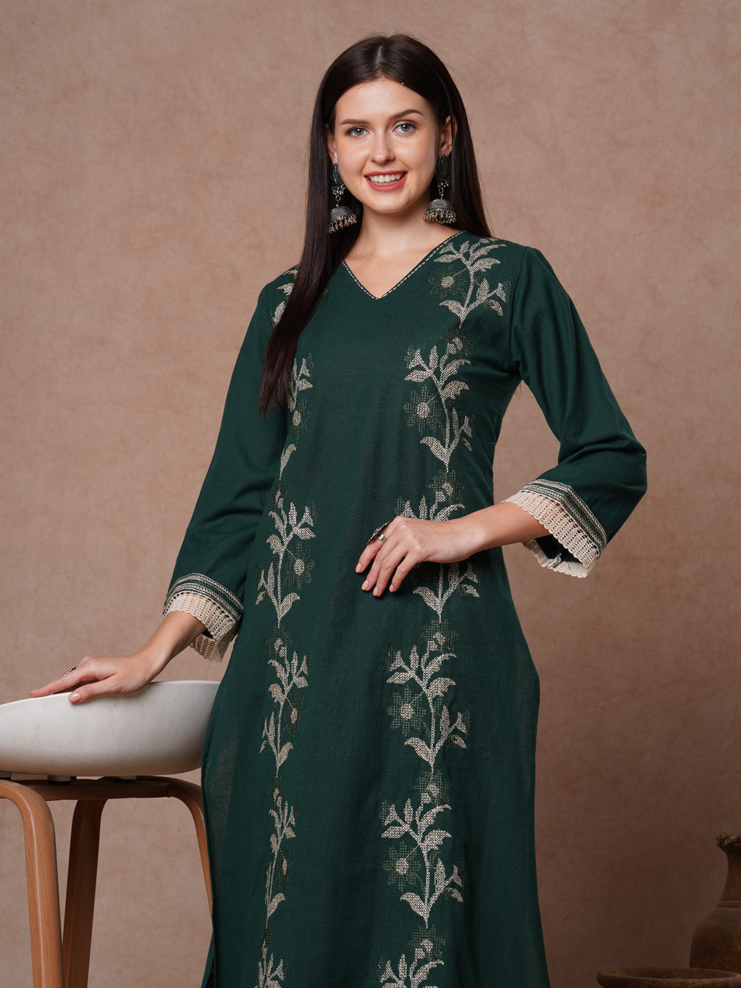 Solid Cross Stitch Embroidered A-Line Kurta with Palazzo - Green