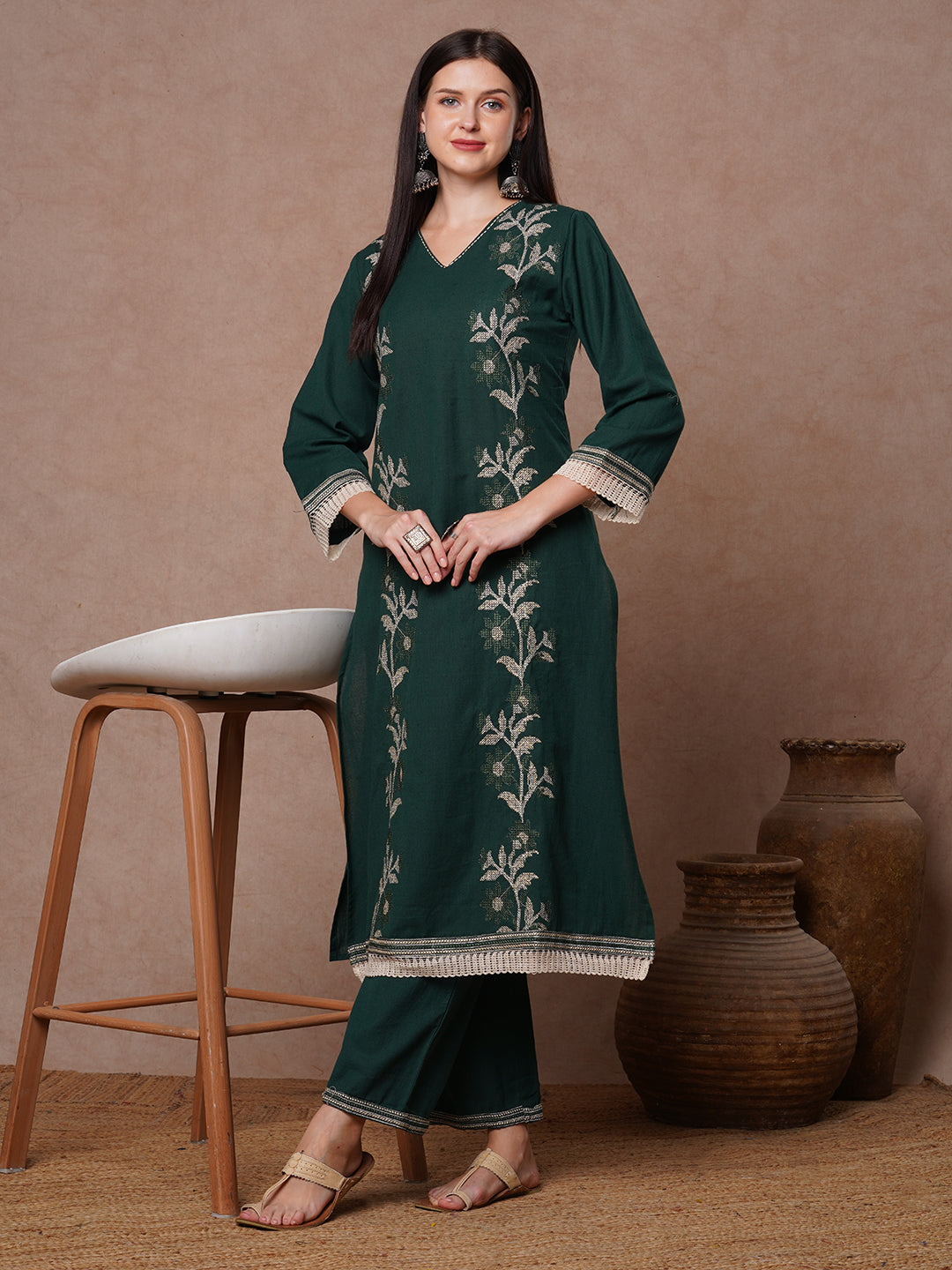 Solid Cross Stitch Embroidered A-Line Kurta with Palazzo - Green
