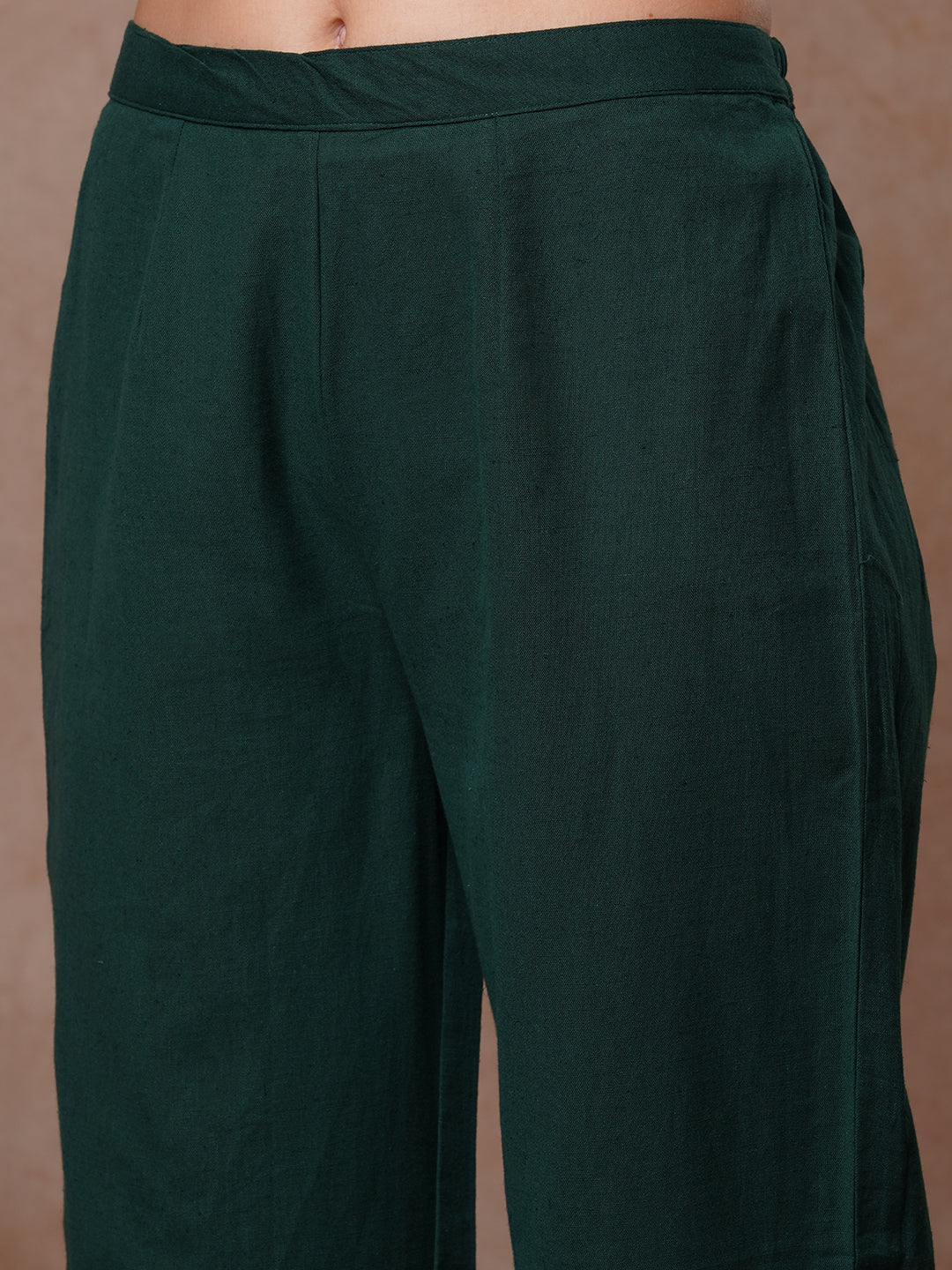 Solid Cross Stitch Embroidered A-Line Kurta with Palazzo - Green