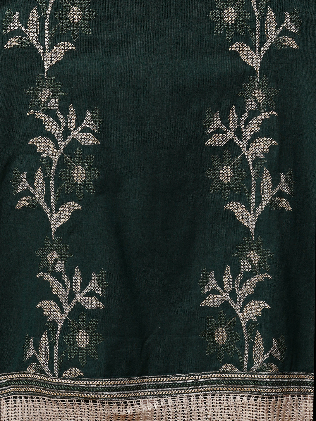 Solid Cross Stitch Embroidered A-Line Kurta with Palazzo - Green