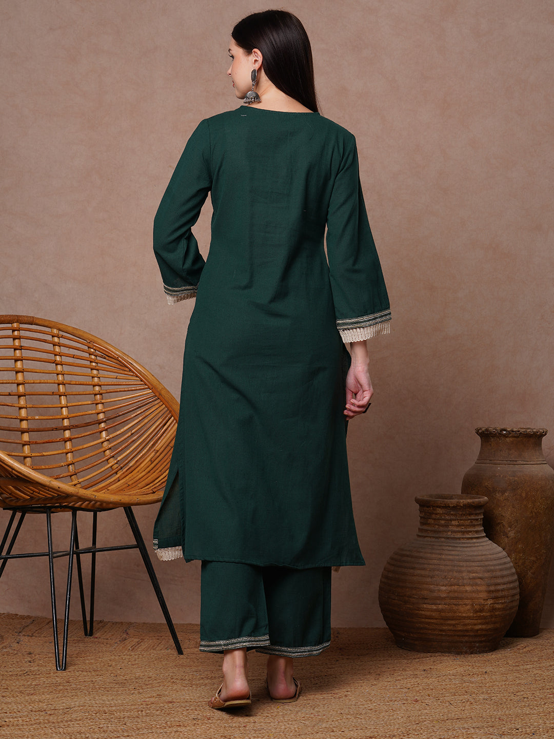Solid Cross Stitch Embroidered A-Line Kurta with Palazzo - Green