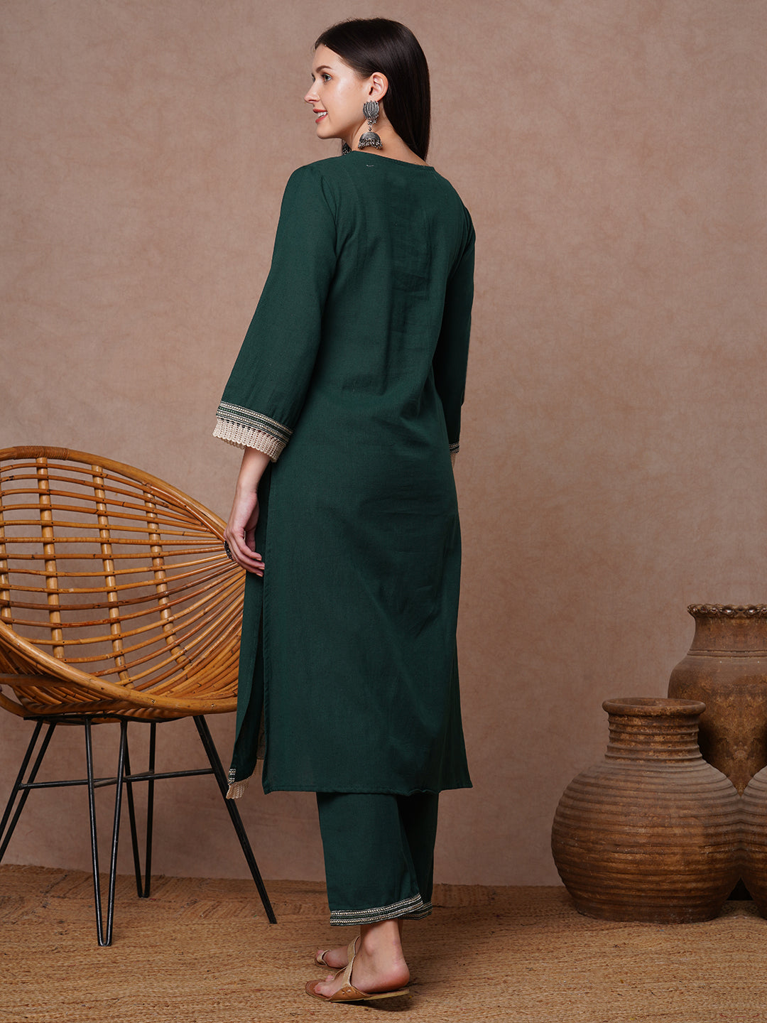 Solid Cross Stitch Embroidered A-Line Kurta with Palazzo - Green