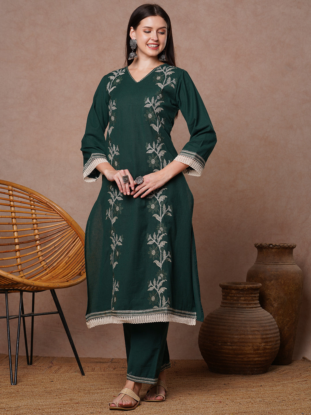 Solid Cross Stitch Embroidered A-Line Kurta with Palazzo - Green
