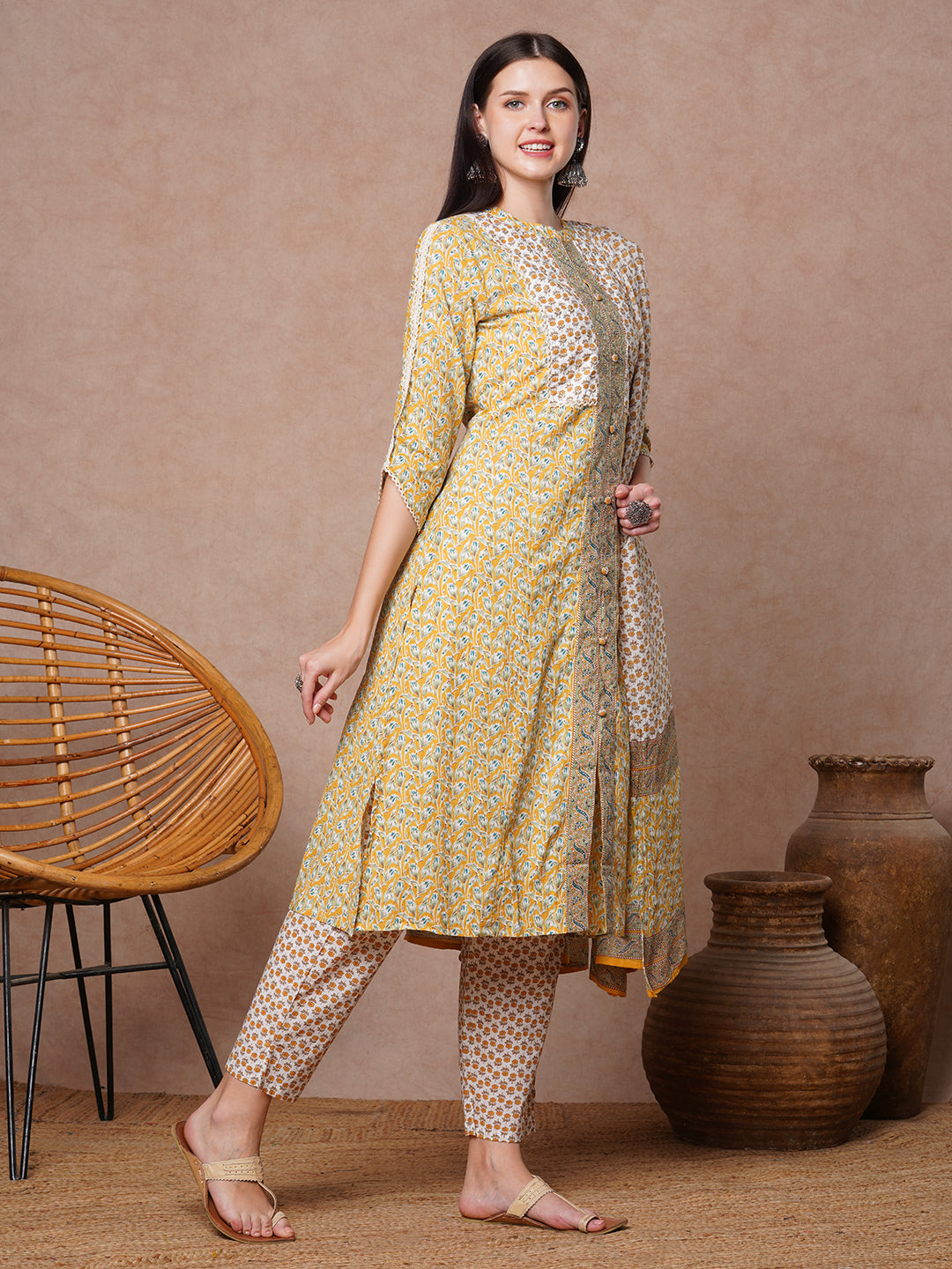 Floral Printed & Embroidered Straight Kurta with Pant & Dupatta - Yellow