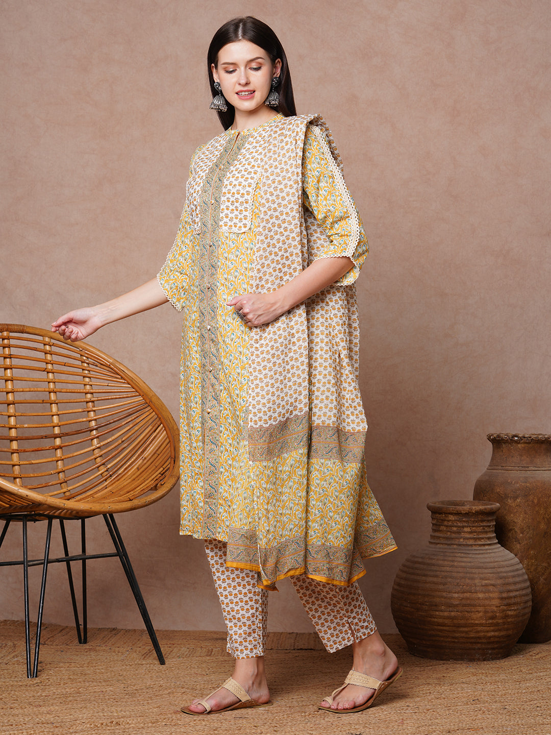 Floral Printed & Embroidered Straight Kurta with Pant & Dupatta - Yellow