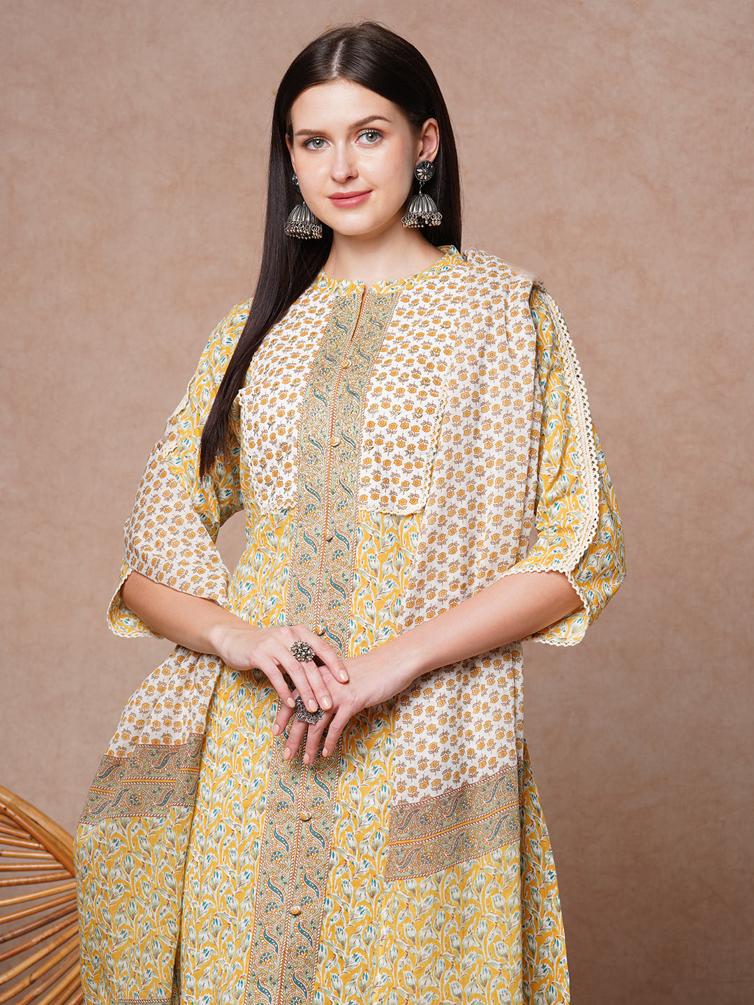 Floral Printed & Embroidered Straight Kurta with Pant & Dupatta - Yellow