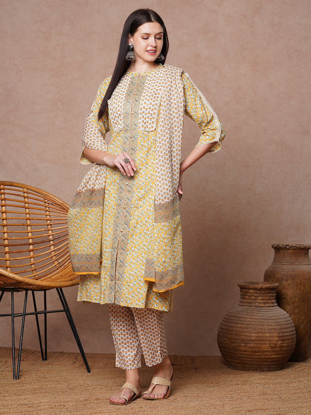 Floral Printed & Embroidered Straight Kurta with Pant & Dupatta - Yellow