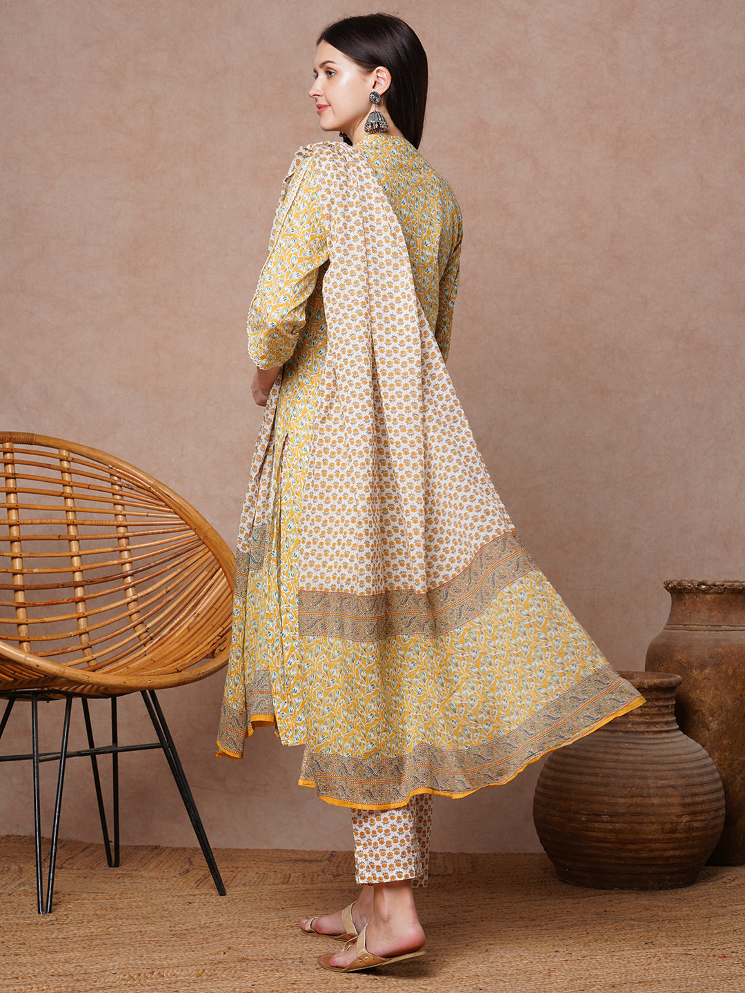 Floral Printed & Embroidered Straight Kurta with Pant & Dupatta - Yellow